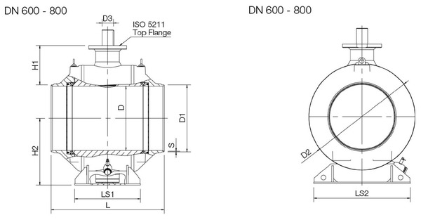 Кран шаровой Naval стальной полнопроходной, сварка/сварка, DN 600-800. Размеры
